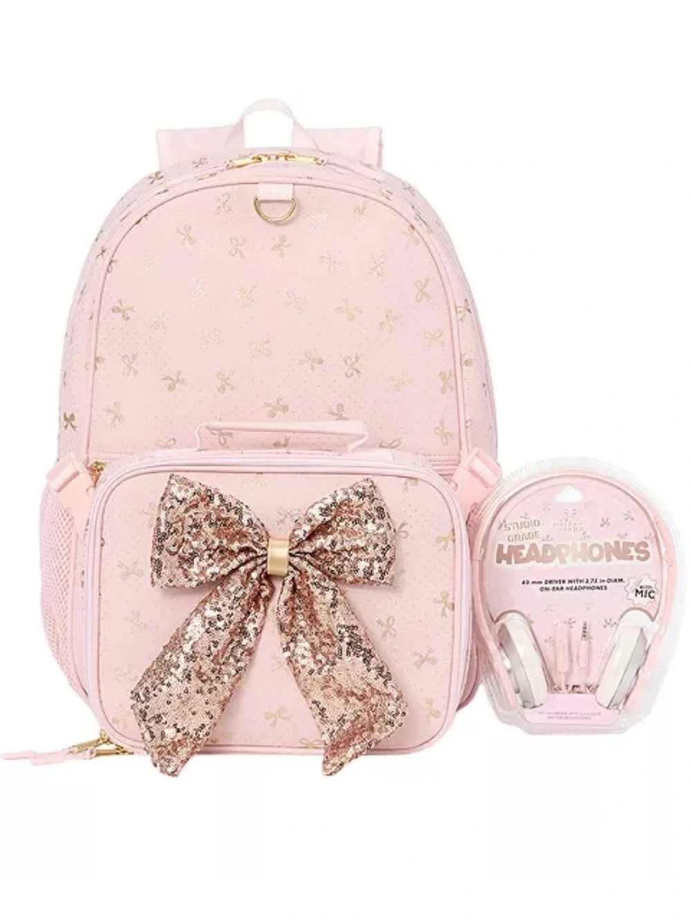 Kids Sparkle Pink Backpack with Sequin Bow and Matching Headphones